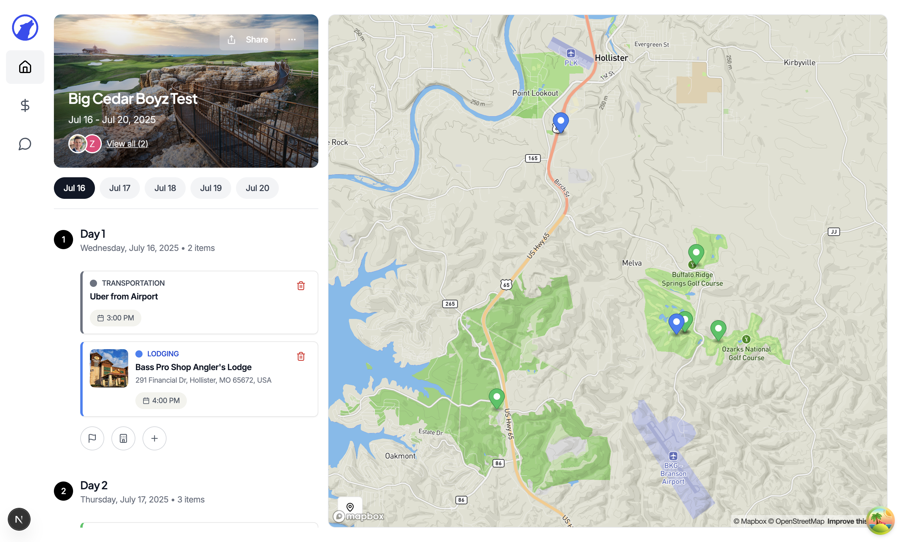 Pack trip planning interface - desktop
